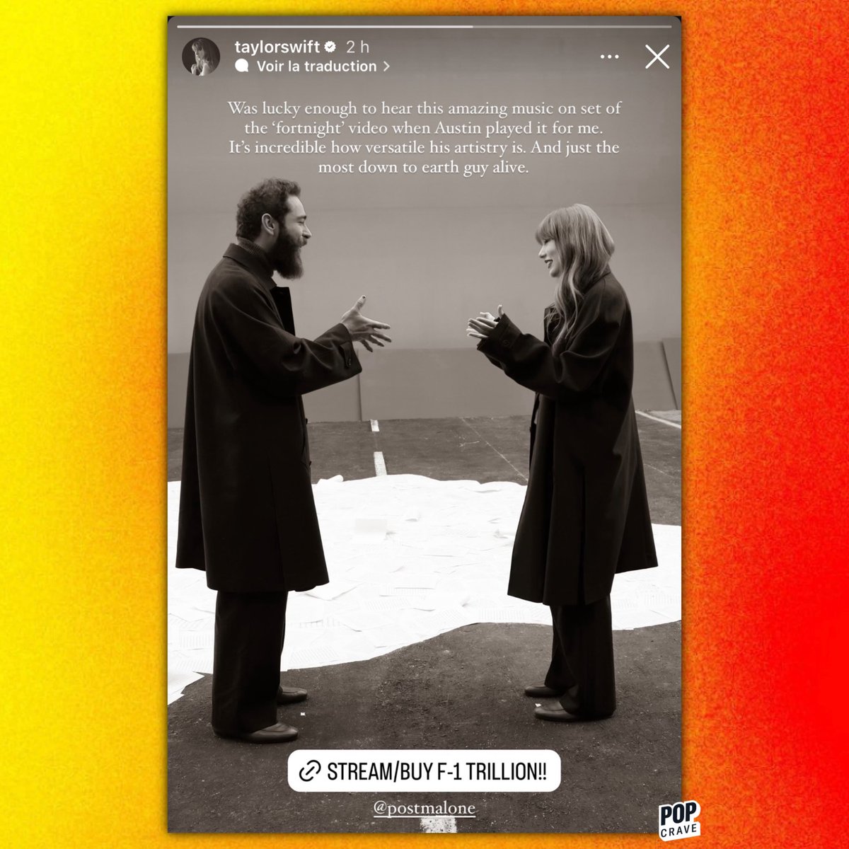 Taylor Swift shows love to Post Malone and his new album, ‘F-1 Trillion’:

“Was lucky enough to hear this amazing music on set of the 'fortnight' video when Austin played it for me. It's incredible how versatile his artistry is. And just the most down to earth guy alive.”