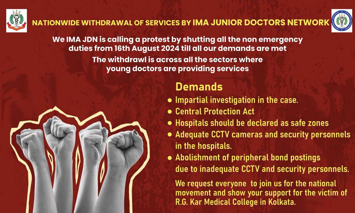Dr Shankul Dwivedi 🇮🇳 (@shankuldwivedi) on Twitter photo #RGKarCollege IMA JDN demands impartial investigation, CPA, hospitals declared as safe zones, adequate CCTV Camera and abolishment of peripheral bond postings.
<a href="/PMOIndia/">PMO India</a> <a href="/HMOIndia/">गृहमंत्री कार्यालय, HMO India</a>
@Mamataofficial <a href="/NMC_IND/">National Medical Commission</a>
<a href="/CBIHeadquarters/">Central Bureau of Investigation (India)</a> <a href="/CPKolkata/">CP Kolkata</a>
<a href="/WHO/">World Health Organization (WHO)</a> #RGKarCollege IMA JDN demands impartial investigation, CPA, hospitals declared as safe zones, adequate CCTV Camera and abolishment of peripheral bond postings.
<a href="/PMOIndia/">PMO India</a> <a href="/HMOIndia/">गृहमंत्री कार्यालय, HMO India</a>
@Mamataofficial <a href="/NMC_IND/">National Medical Commission</a>
<a href="/CBIHeadquarters/">Central Bureau of Investigation (India)</a> <a href="/CPKolkata/">CP Kolkata</a>
<a href="/WHO/">World Health Organization (WHO)</a>