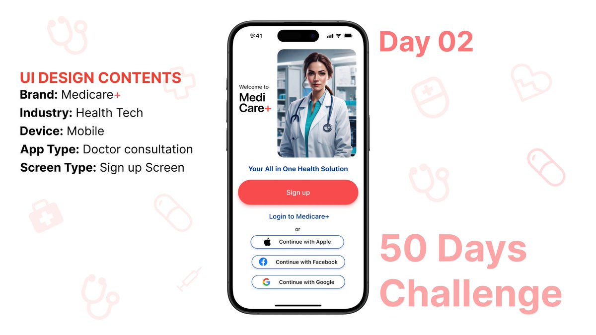 ashish1lexbaa's tweet image. Day 02 of my #50DaysUIChallenge! 🚀 Designing a sign-up screen for the HealthTech brand MediCare+. Focused on clean, user-friendly UI for seamless doctor consultations. #UIDesign #UXDesign #HealthTech