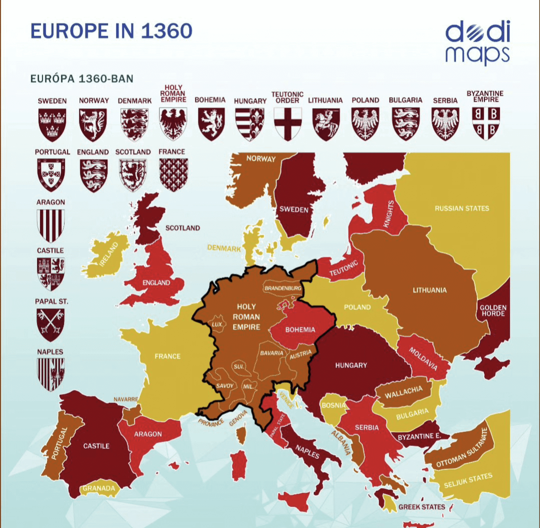 vintagemapstore's tweet photo. Map of 14th century European powers. https://t.co/8XQgIIxut8