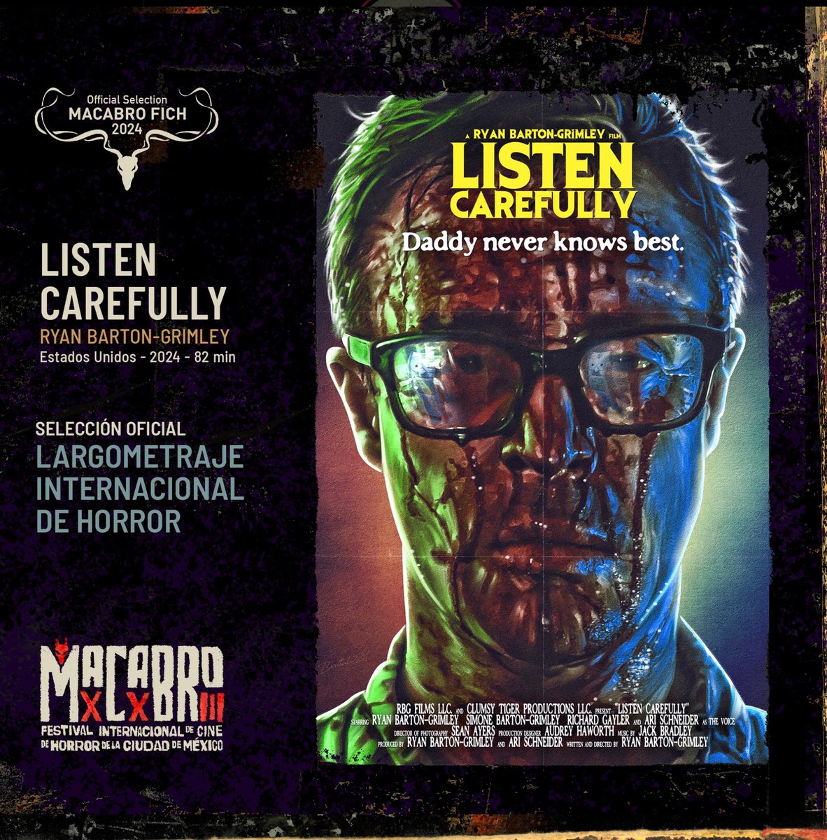 Excited to announce the "Mexican Premiere" of <a href="/listencaremovie/">LISTEN CAREFULLY</a> at <a href="/MacabroFICH/">Macabro FICH</a> in Mexico City! It plays Friday August 30th @ 6:00pm <a href="/CinetecaMexico/">Cineteca Nacional</a> Q&amp;A to follow with director/star <a href="/rybartongrimley/">Ryan Barton-Grimley</a>

For more info: macabro.mx