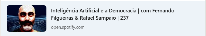 Tive a grande honra de debater com <a href="/Fernand56602179/">Fernando Filgueiras 🚴🎸</a>  sobre impactos da inteligência artificial na sociedade, na política e mesmo nas democracias. O debate se deu no importantíssimo "Fora da Política Não há Salvação" de Cláudio Couto, que é honestamente o melhor podcast de Ciência