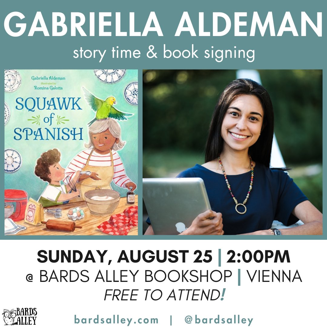 BardsAlley's tweet photo. Aug 25 @ 2pm is story time with @write_between for her new release Squawk of Spanish, a story that celebrates connecting with family and encourages trying new things.

And join us for a craft to accompany the book! Sign up at https://t.co/WLLzFANgff for crafting materials 🦜 https://t.co/4WmoS1Z7si