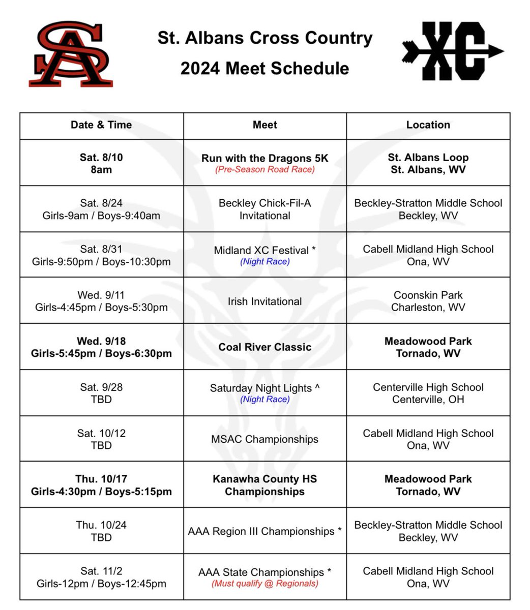 SAHS_XCTF's tweet photo. We’re now just one week out from our cross country opener at Beckley next Saturday! Here is a look at the rest of our 2024 schedule - Come out and support SAHS XC this fall! 🏃🏼‍♂️🏃🏻‍♀️ https://t.co/ex79bCvjFK