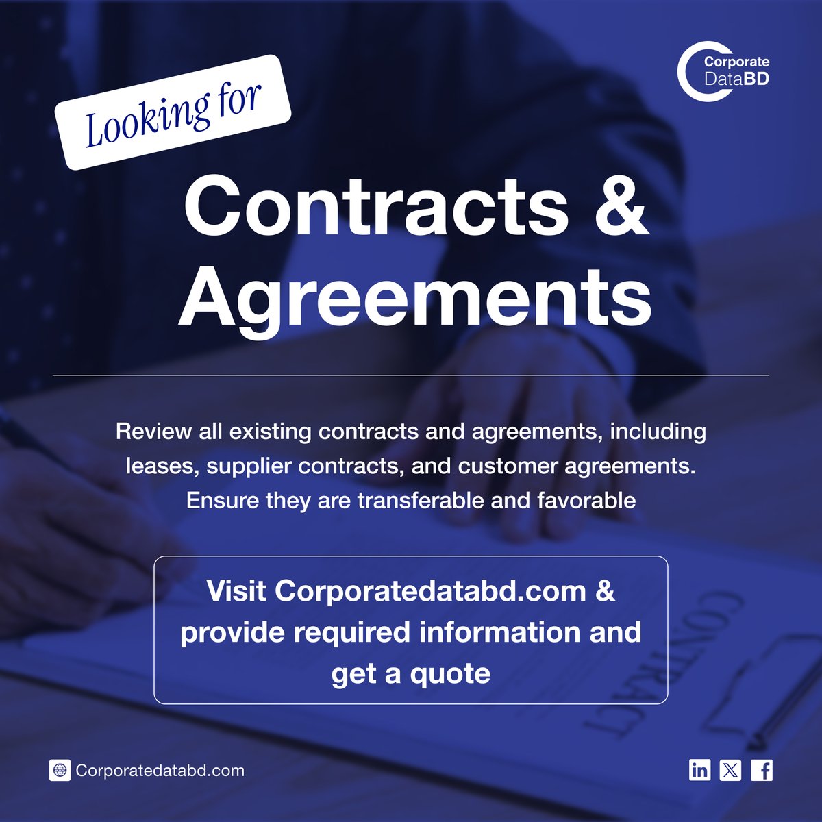 CorporateDataBD's tweet photo. Are you seeking a legal expert? We specialize in reviewing your existing contracts and agreements, including #leases, supplier #contracts, and customer #agreements. Let us help you ensure they are both transferable and advantageous.
#HighCommission #tradefacilitation https://t.co/gMZ8mVGQSo