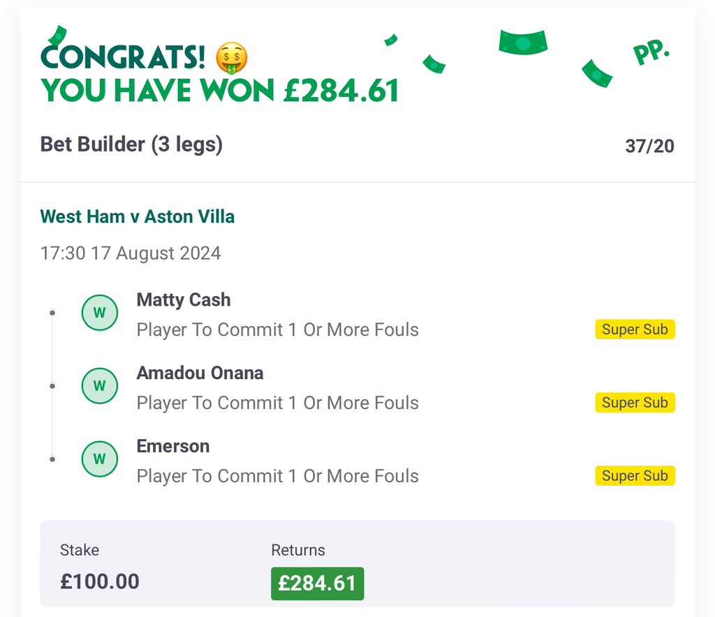 Fouls delivered, chaos rewarded. All within the first 20 minutes. 

9/5 ✅
10/1 ✅

Matty Cash, Onana, and Emerson played their roles perfectly, and we cashed in twice. 

This is what Foul Club is all about – turning pain into profit.

#FoulClub