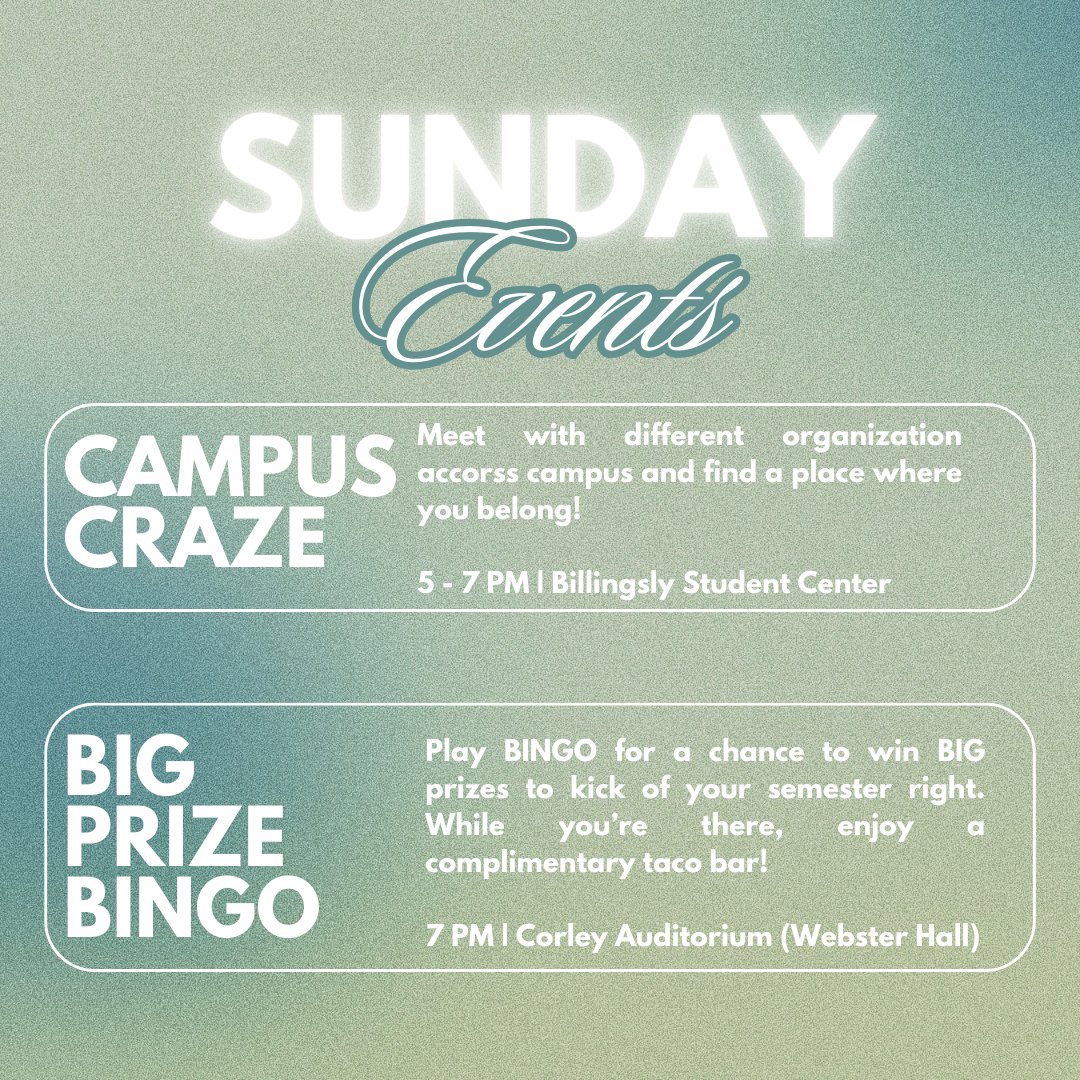 Who likes free stuff?! 

Head over to MSSU for Campus Craze and meet with different organizations accross campus from 5 - 7 PM (did we mention CAB is giving away free ice cream and drinks?!) 

At 7 PM head over to Webster Hall's Corley Auditorium to play Big Prize BINGO