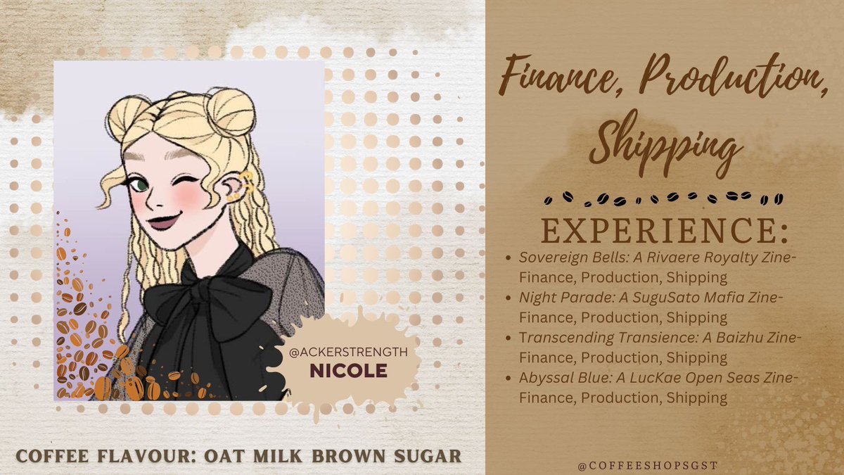 coffeehousesgst's tweet image. 🍰 MOD INTRO 🍰

Keeping track of Perfect Blend's budget &amp;amp; products is our Finance &amp;amp; Production Mod @ackerstrength! They'll have everything ready to go for our shop's grand opening 🥰