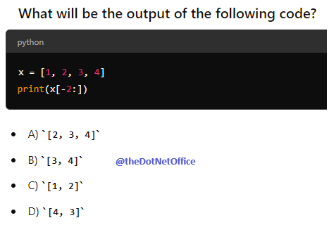 TheDotNetOffice's tweet image. #CodingQuiz-1
What will be the correct output of below Python Code?
@TheDotNetOffice
#python #interview #Job #code #quiz #interviews #pythonprogramming #pythoncode #pythonprogramming #coding