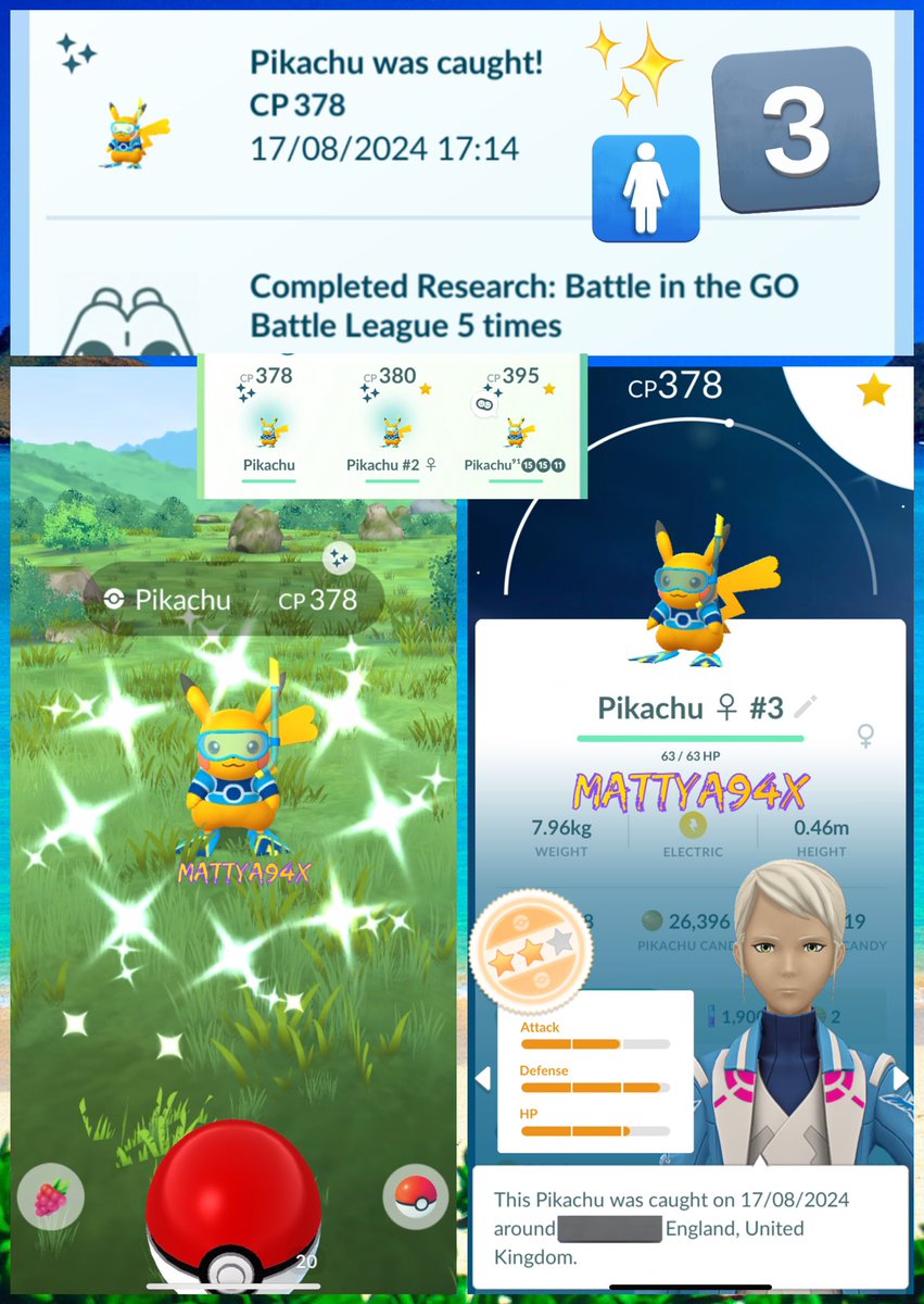 MattyA94x's tweet photo. My luck with SCUBA PIKA Got my third one and it’s a FEMALE Three in a row not a Male yet but can’t complain! 🤩✨🥳
🤿✨ - From the Battle in the Go League 5 Times Task SHINY PIKACHU WORLDS 2024!
#PokemonGO #ShinyPokemon #GoBattleWeek #PokemonWorlds https://t.co/SDrDzAbFiy