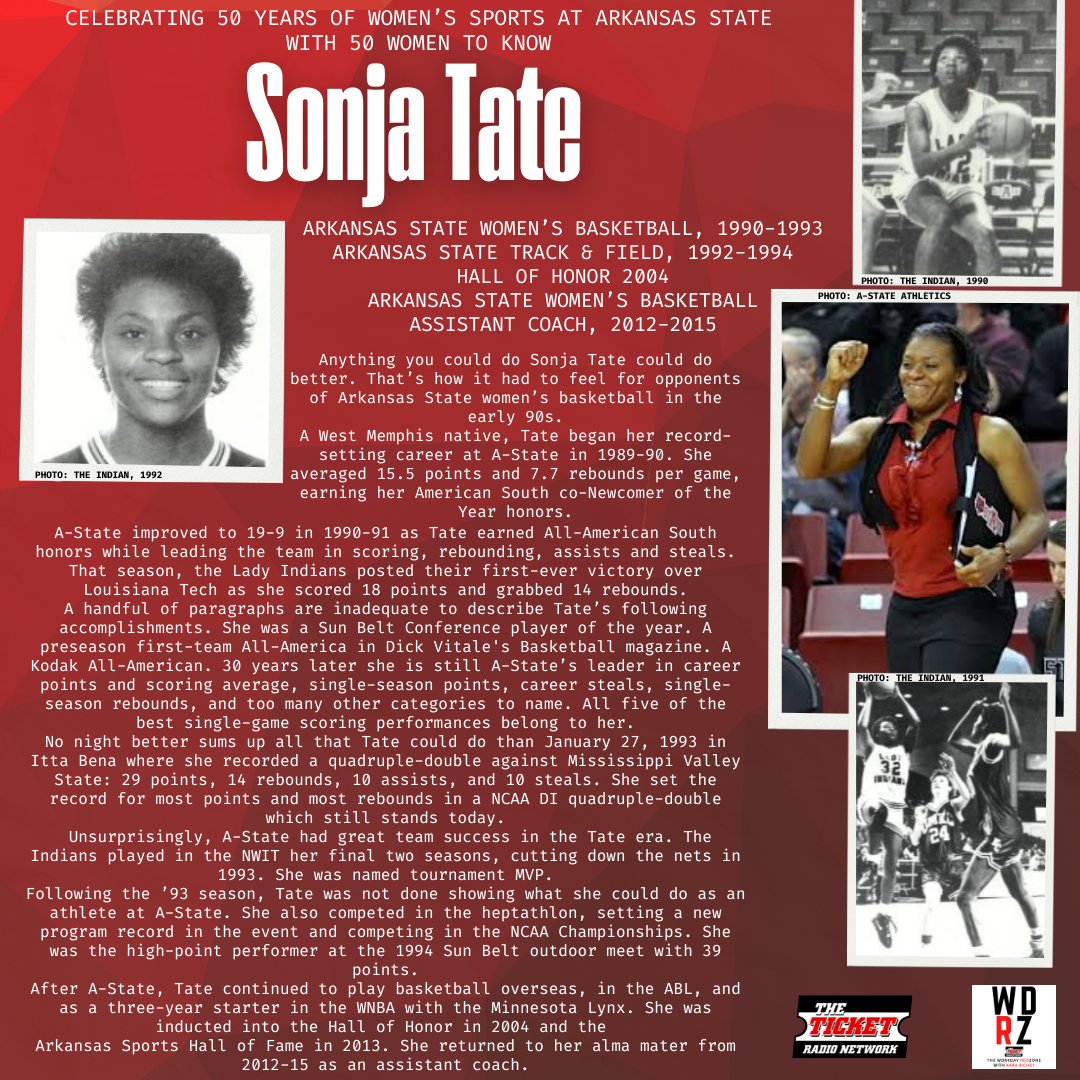 Kara_Richey's tweet photo. From the beginning I stated that the list of 50 women to know to celebrate 50 years of women's sports at Arkansas State was never meant to be a ranking. How could you possibly compare the greatness of a sprinter to a middle blocker to a point guard? 

However, I've known from day one exactly who I wanted to highlight last. You only get one first favorite player, and former @AStateWB great Sonja Tate was mine.