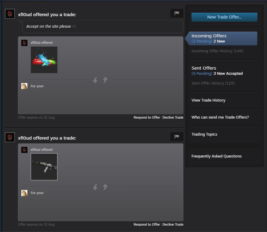 HanzlaJeffs's tweet photo. Hello @xfl0udCS  is this the new way to scam people?
I withdraw 0.15 float Vulcan and he sent me 0.17 float AK with follow up trade offer to accept ASAP but I check float before accepting trade and when I complained on customer support he declined the trade and sent actual item. https://t.co/PjEYXIBx5z