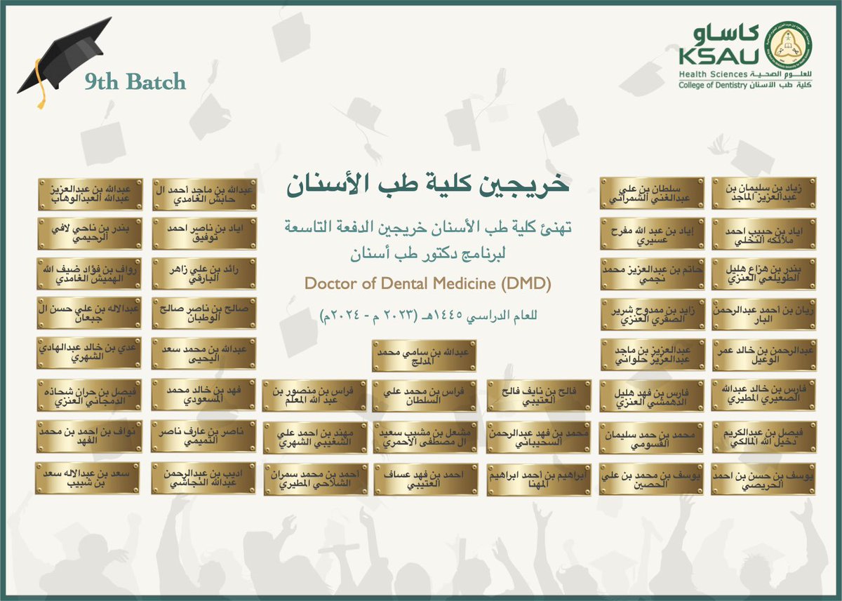 خريجي #الدفعة_التاسعة من #كلية_طب_الأسنان #KSAUHS
🎊🎉
