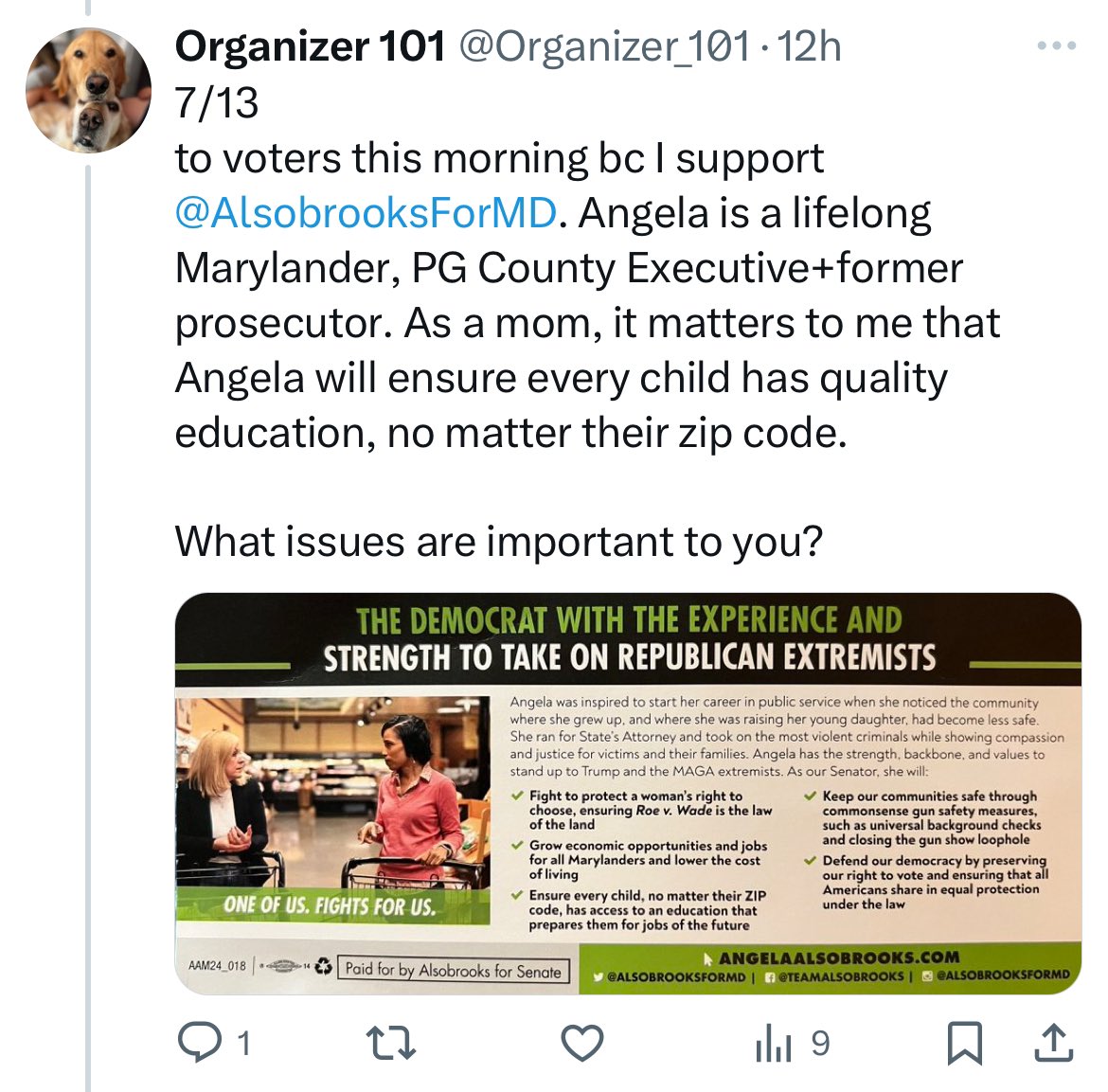 Semi_Handmade's tweet photo. @Organizer_101 7/13
to voters this morning bc I support @AlsobrooksForMD. Angela is a lifelong Marylander, PG County Executive+former prosecutor. As a mom, it matters to me that Angela will ensure every child has quality education, no matter their zip code.

What issues are important to you? https://t.co/tp5Sq9hky6