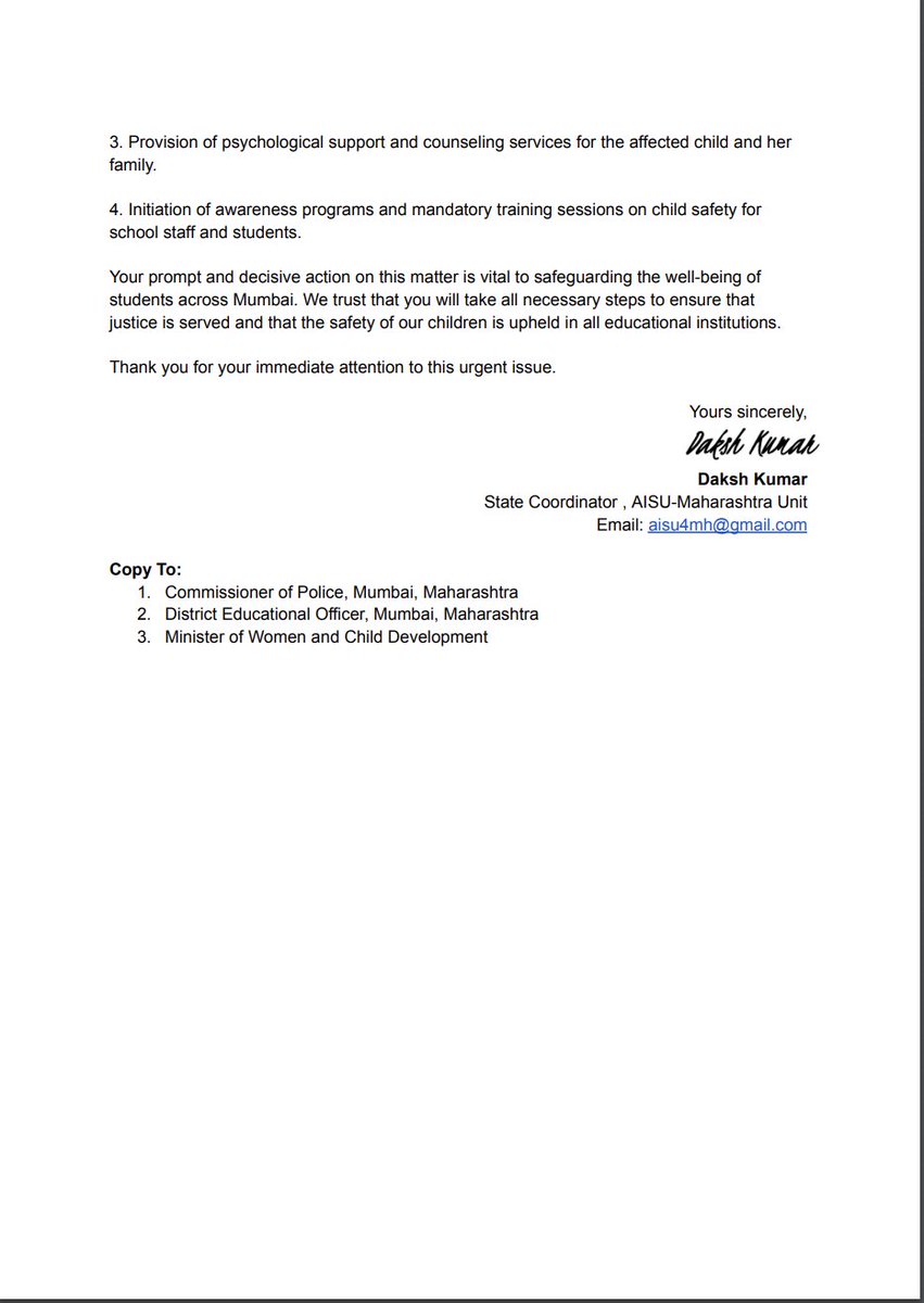 We, AISU, demand immediate action for the recent horrific incident at a Mumbai school. The safety of our children is paramount. We urge authorities to ensure justice, suspend the accused, and strengthen child protection measures. Let’s make our schools safe again. #AISU #Justice