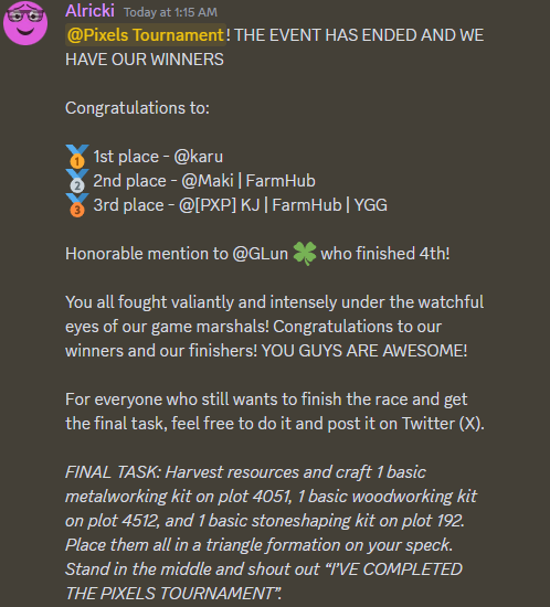 MakiPixels's tweet photo. Went 2nd in the Pixels Content Creator Tournament!
@PixelsFarmHub @pixels_online
#PixelsTourney #PixelsCreator https://t.co/I4qF6zTTD7