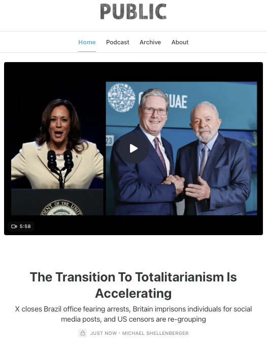 shellenberger's tweet image. For now, we are still free. But Britain is imprisoning people for things they said online, censorship leaders are re-grouping in the U.S., and Brazil's government has forced X to close its office there. This is what the transition to global totalitarianism looks like.