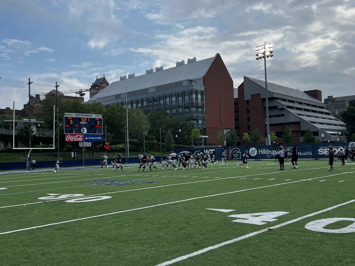 HoyasAD's tweet photo. Good scrimmage this morning for @HoyasFB. Guys had great energy and competed at an elite level.  2 weeks from first kick v Davidson 1230p Cooper Field!  #LetsGOHoyas 👏🏾🏈💙 https://t.co/UFcbiqdDz6