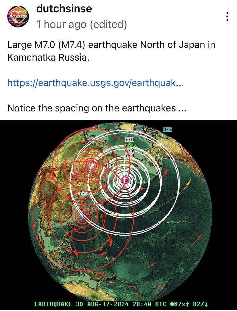 susilee_dean's tweet photo. 3 major #earthquakes in #Russia, spaced close-together, within the last 2 days. #Dutchsinse had predicted a major quake in Japan; this is close to Japan. Japan had issued a warning for a #megaquake in Japan (meaning 7.0 to 8.0) a warning already canceled. https://t.co/UD0RCo9uU8 https://t.co/QeggZP2D4J