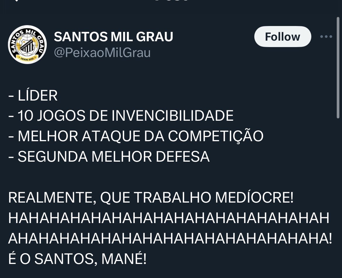 SantosOpressivo's tweet photo. - Vice lider
- Zero jogos de invencibilidade
- Apenas uma derrota a menos que o Vice laterna Brusque
- Com esses pontos em outros anos nem estaria no G4

Realmente, que trabalho mediocre. https://t.co/6GcA7Orcdb