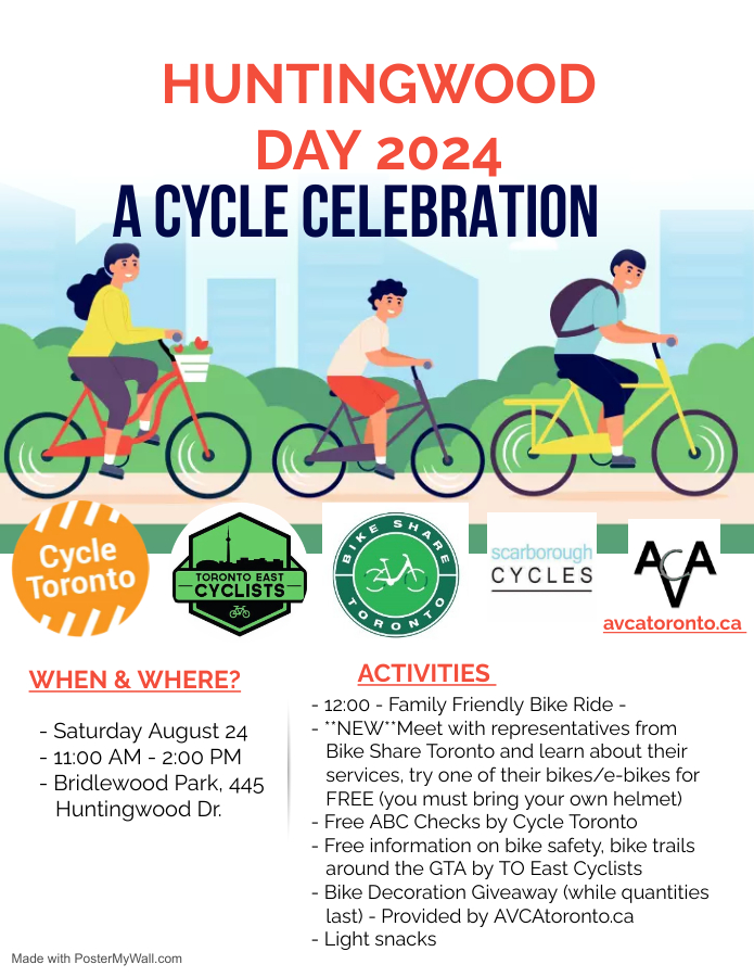 TorontoEastCyclists (@toeastcyclists) on Twitter photo Celebrate cycling on Huntingwood Drive in Scarborough.
Saturday August 24 2024
Bridlewood Park: 445 Huntingwood Drive, Scarborough. <a href="/ScarbCycles/">Scarborough Cycles</a> <a href="/BikeShareTO/">Bike Share Toronto</a> <a href="/CycleToronto/">Cycle Toronto</a> <a href="/AVCAToronto/">AVCA Toronto</a> Celebrate cycling on Huntingwood Drive in Scarborough.
Saturday August 24 2024
Bridlewood Park: 445 Huntingwood Drive, Scarborough. <a href="/ScarbCycles/">Scarborough Cycles</a> <a href="/BikeShareTO/">Bike Share Toronto</a> <a href="/CycleToronto/">Cycle Toronto</a> <a href="/AVCAToronto/">AVCA Toronto</a>