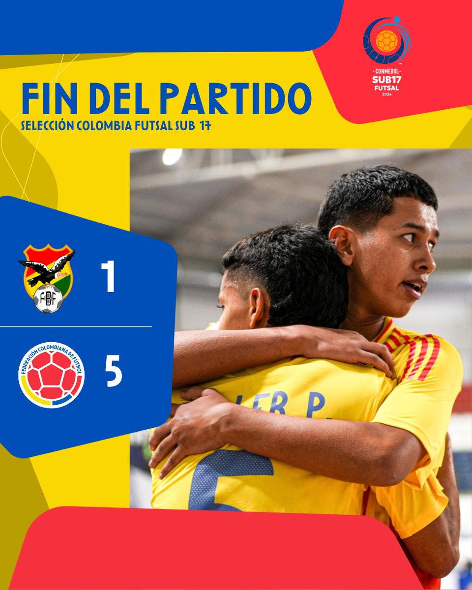 FCFSeleccionCol's tweet photo. Finaliza el partido de nuestra Selección Colombia de Futsal Sub 17 🆚🇧🇴 por el CONMEBOL sudamericano 

¡Gran victoria de Colombia en el debut! 

🇨🇴 5-1 🇧🇴

#TodosSomosColombia🇨🇴 https://t.co/EQLFOd14ga
