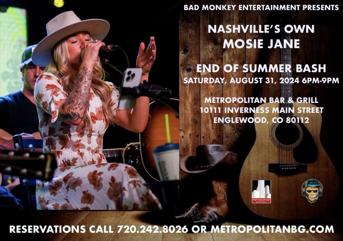 BadMonkey615's tweet photo. 🙈🙉 Let’s have a party!!! Join us, and Nashville’s own Mosie Jane, for an End of Summer Bash!!! Saturday, August 31, 2024 at Metropolitan Bar &amp; Grill from 6PM - 9PM. Get your reservation by calling 720.242.8026 or online at https://t.co/4mSfAgcqCP. Let’s do this!!! https://t.co/MN92KLQJUu