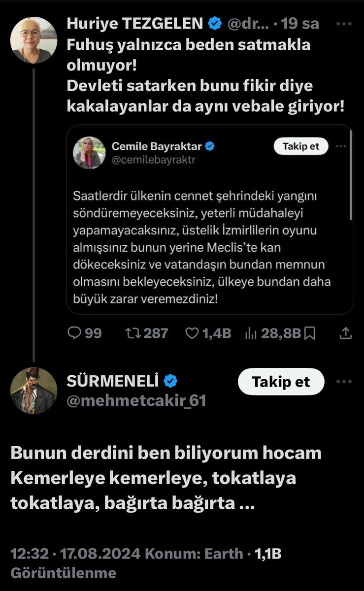 Şimdi bakın acaba diyorum paylaşsam mı, paylaşmasam mı? Ben AKParti çevresinden, dindar kesimden geliyorum, taa milli görüşten, ayrılıklarımız oldu, kavgalarımız oldu ama ben bu kadar aşağılık bir tür görmedim, bu dili FETÖ’den de görmedim, kanlı bıçaklı olduğumuz Gezi’den de