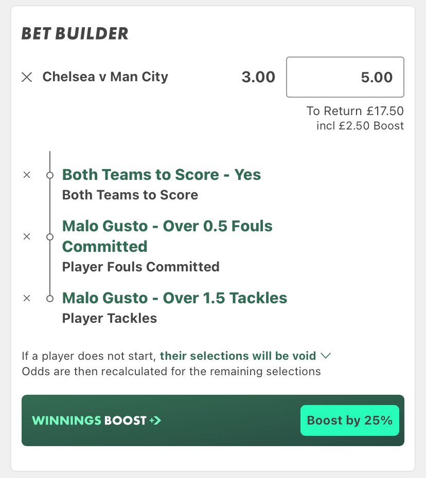 Chelsea vs Man City Bet Builder🛠️

0.5 Units @ 3.00 (+25% Boost)

City conceded in all 4 PL games without Rodri last season. 

Gusto tackles: 2,2,0,2,3,4,3,8,4

RB fouls vs City (excl. Pre-Season): 1,2,1,3,0,1
