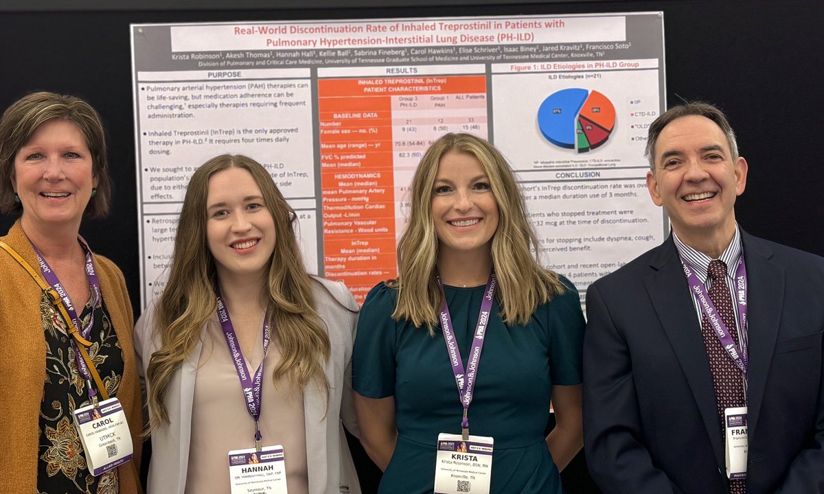 UTK_PCCM's tweet image. Attending a superb @PHAssociation 2024 Conference
Presenting our @utmedicalcenter PH center’s poster on “Real-World Discontinuation Rate of Inhaled Treprostinil in PH-ILD”.
Great job by K Robinson, RN and H Hall, NP
Our fellow @Akesh70591711 couldn’t make it 😞
@utgsm