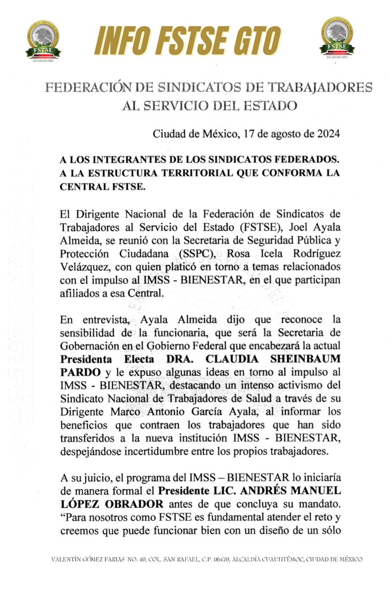 FstseGto's tweet photo. InfoFSTSEGTO: Reunión Estratégica entre Joel Ayala Almeida y Rosa Icela Rodríguez para Impulsar el IMSS Bienestar.

Nuestro líder nacional, Joel Ayala Almeida, Presidente de la FSTSE, sostuvo una reunión clave con Rosa Icela Rodríguez, quien encabezará la .. (1/2) https://t.co/c6GiqxAQ6y