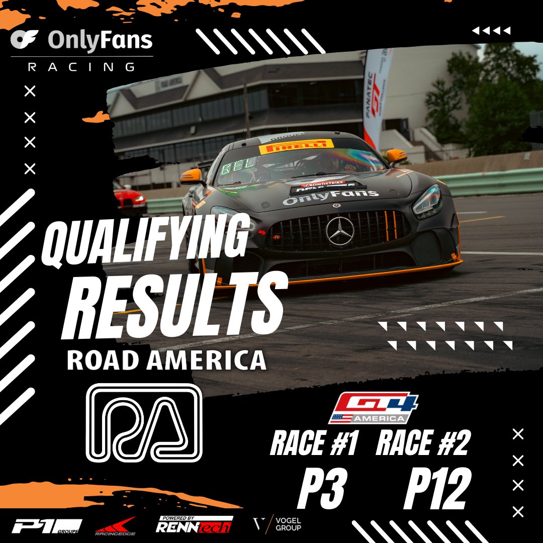 Qualifying is over! Now we RACE! Race 1️⃣ goes 🟩 today at 5PM CDT! In the meantime, Tune into our livestream on our @onlyfans page at 2:30pm CDT to hear from <a href="/43vogel/">Alex Vogel</a> &amp; @mbellracing 
Onlyfans.com/p1groupe
#onlyfans #onlyfansracing #motorsports #rennteched #renntech #amg #live