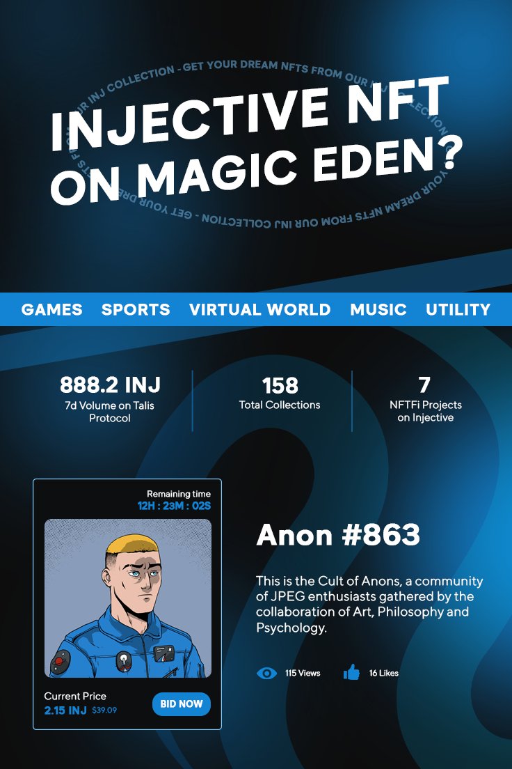 Injective NFT on MagicEden ❔❔❔

Let's show the power of the <a href="/Injective/">Injective 🥷</a> community to get our favorite Chain on <a href="/MagicEden/">Magic Eden 🪄</a> !

$INJ #Injective