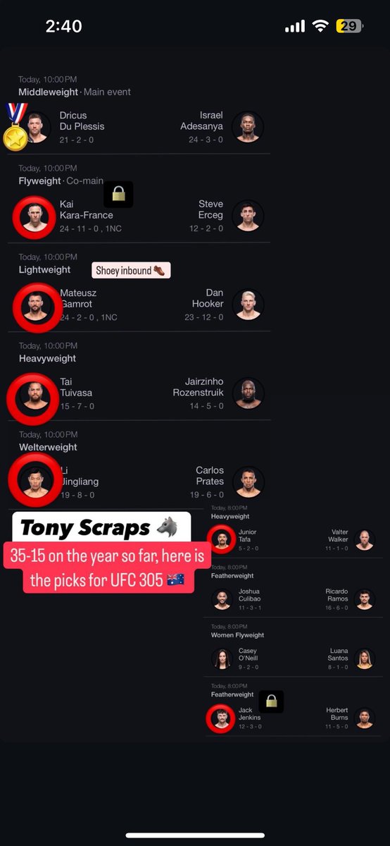 TonyScraps's tweet photo. My picks for #UFC305 https://t.co/JAh7EvnECC