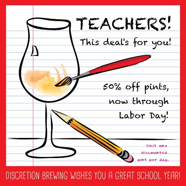 Hey Teachers 👨‍🏫 👩‍🏫! It’s that time of year again when we cheers to you and the important work you do for our kids 🍻! Now through Labor Day (9/2), enjoy 50% off your 1st pint*. See you in the taproom!🍺

*does not apply to $5 pints on #kegofhonormonday