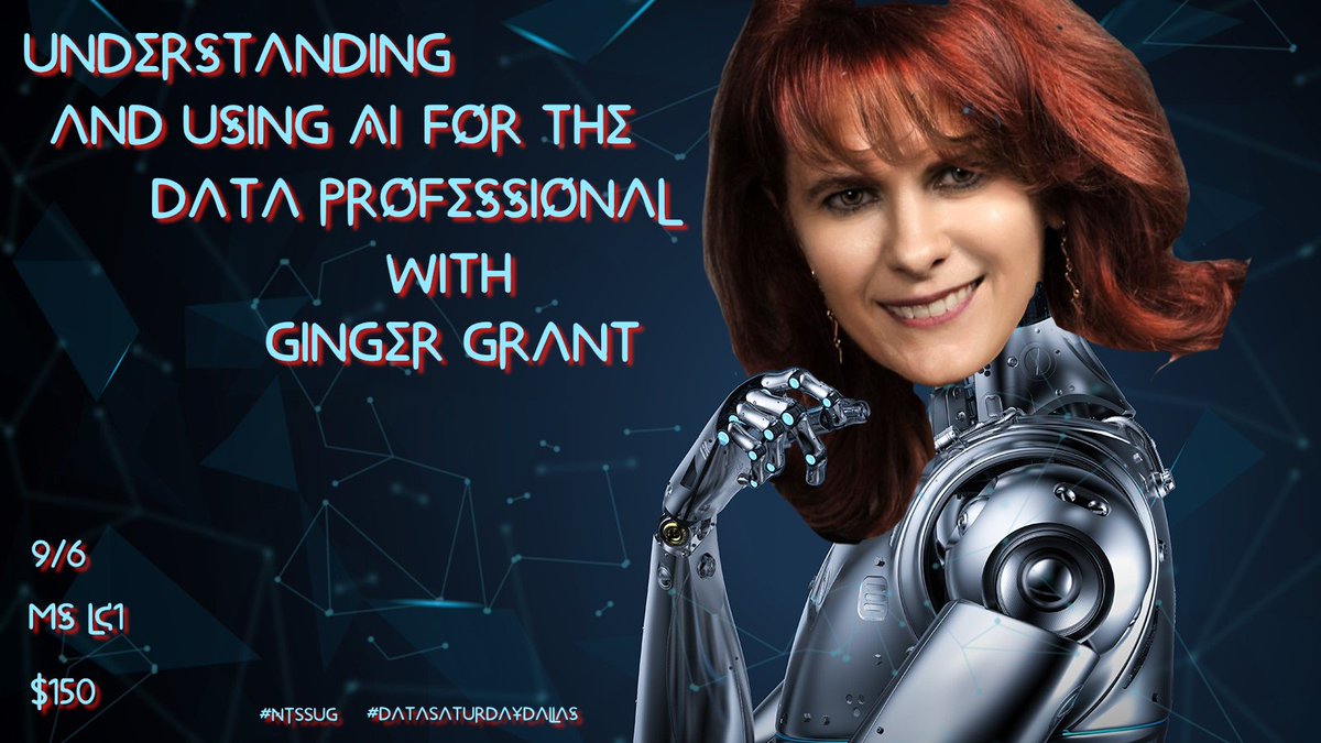 North TX MS Data Platform Users Group (@ntssug) on Twitter photo Join <a href="/DesertIsleSQL/">Ginger Grant</a> at #DataSaturdayDallas for Understanding and Using #AI for the #Data Professional. If you want to be an AI Master then you want to be there.
You can register here loom.ly/Ecp4GK8 Join <a href="/DesertIsleSQL/">Ginger Grant</a> at #DataSaturdayDallas for Understanding and Using #AI for the #Data Professional. If you want to be an AI Master then you want to be there.
You can register here loom.ly/Ecp4GK8