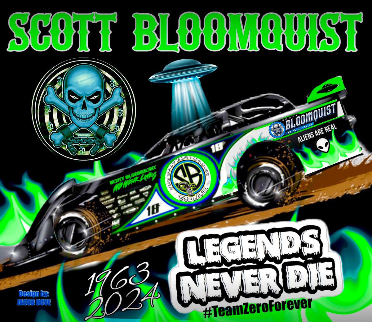 JDove_Phenom's tweet photo. If anyone could help me get my Scott Bloomquist tribute design put on a t-shirt it would be much appreciated. Would be awesome to do something for the Bloomquist family and all of his amazing friends/fans in his honor. 🛸👽☯️ #ScottBloomquist #TeamZeroForever https://t.co/zplkd957NN