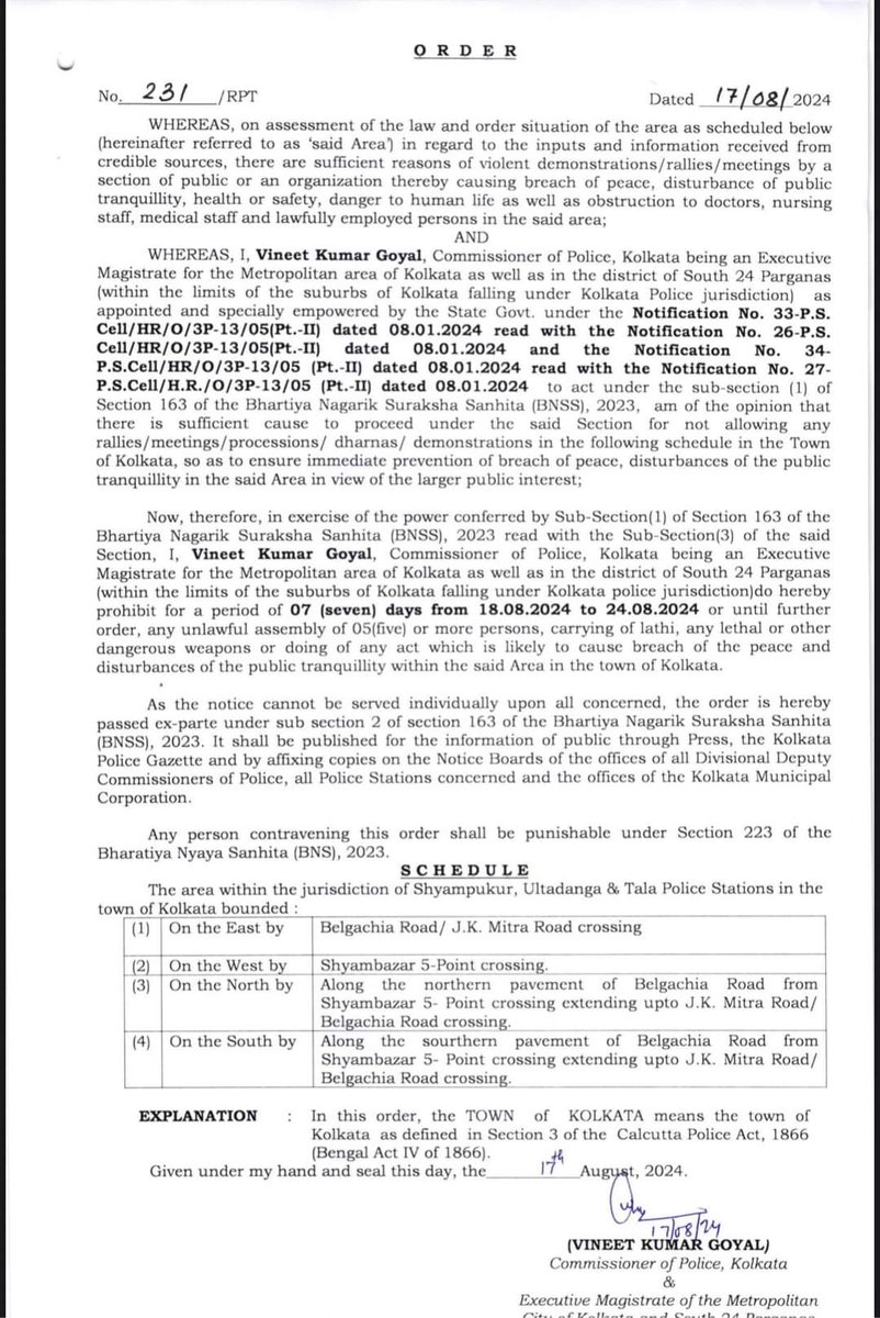 Indian__doctor's tweet image. Kolkata Police imposed 163 under Bharatiya Nagarik Suraksha Sanhita, 2023 around #RGKarHospital  for 7 days with effect from 18/08/24. 

During this period, no gathering, dharna or rally will be allowed there

Now What is this ?? #MedTwitter 
#justiceformoumitadebnath