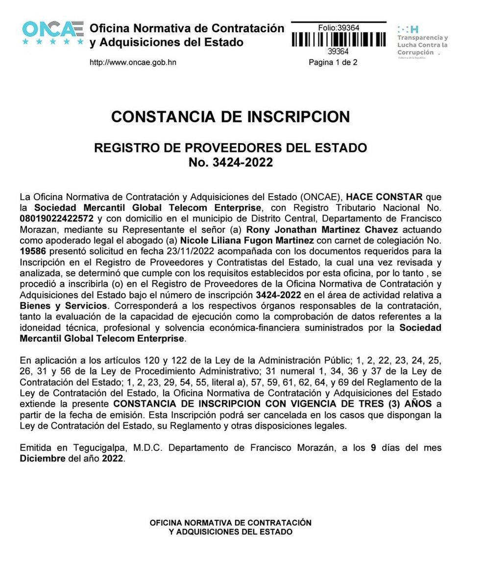 Para los que dicen “fake news” 
Aquí el documento donde Rony Martínez adquiere Global Telecom y se convierte en proveedor del Estado. 
Resulta que Rony se convirtió en empresario ahora que Libre llegó al poder, cobrando 5 millones de pauta, rápido son los “New Rich/Nuevos Ricos”.