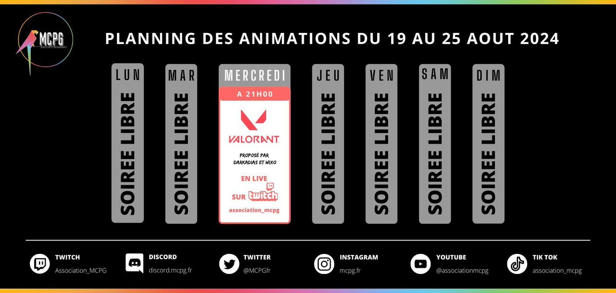 MCPGfr's tweet photo. Voici le #PlanningDeLaSemaine ! 
Cette semaine, on vous propose une soirée @PlayValorant ! C'est proposé par le duo @Darka et Wixo, sur Twitch également  https://t.co/XrsaBmSaWq  
Notre Discord, pour jouer avec nous, c'est par ici 👉 https://t.co/pkALYFYk9L https://t.co/rf48KdSqOr
