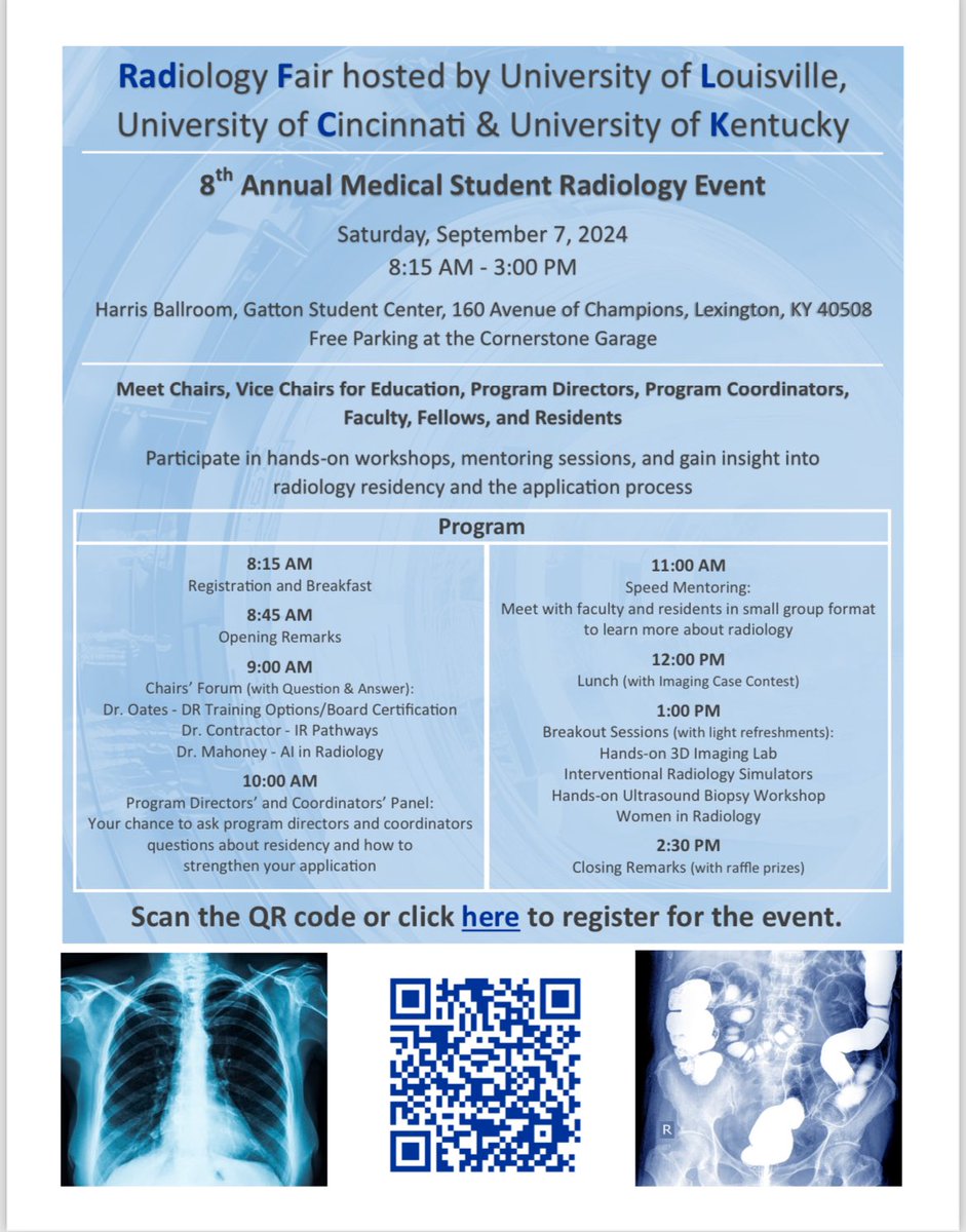 Are you a med student interested in radiology? Join us for our 8th annual RadFLiCKs fair! Great opportunity to network with 3 different radiology programs prior to interview season! Use the QR code below to sign up!