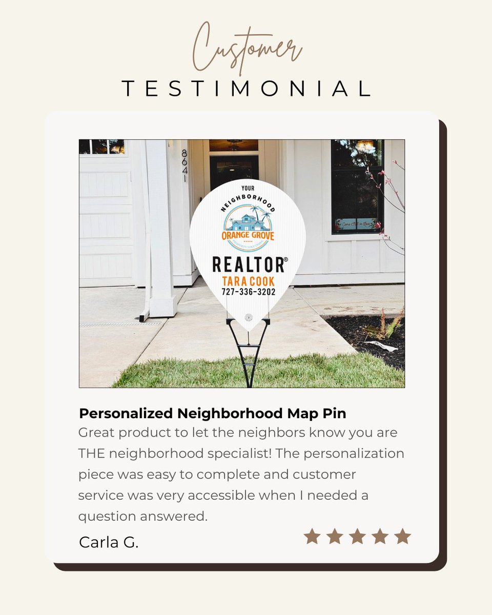 ⭐⭐⭐⭐⭐ 5 star customer review of our Personalized Neighborhood Agent Map Pin  from Carla G. - Personalized Neighborhood Map Pin
Great product to let the neighbors know you are THE neighborhood specialist! allthingsrealestatestore.com/products/your-…