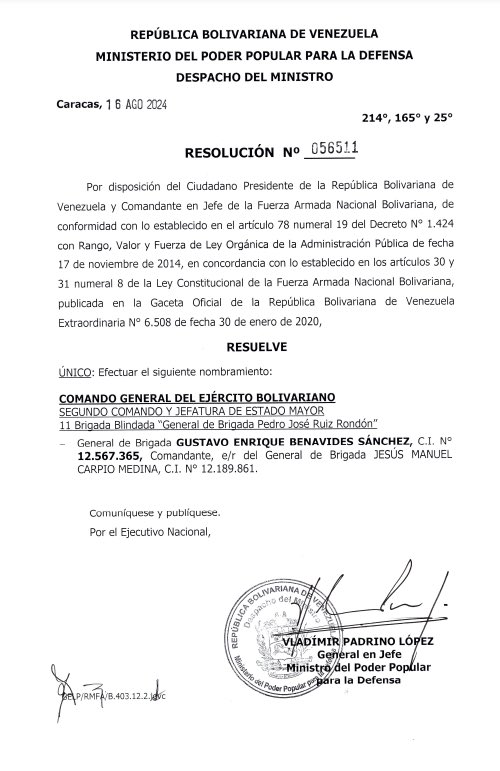 OrlvndoA's tweet photo. 🚨 | Reportan remoción de 5 generales este 16 de agosto bajo acusación de no ser leales al régimen.

El ministro de la Defensa chavista firmó ayer la sustitución a última hora de los generales, que estaban en roles estratégicos en Zulia, Caracas, Táchira, Carabobo y Aragua.

Reporta @cocando.