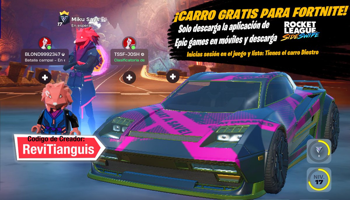 Revirth29's tweet photo. ¡No olviden reclamar su carro gratis al descargar Rocket League Side Swipe! Apóyame con un bolillo usando el código ReviTianguis en la tienda de Fortnite 🙏
#Ad #FortniteAbsoluteDoom #EpicPartner #RocketLeague https://t.co/Y2VuLU6uz2