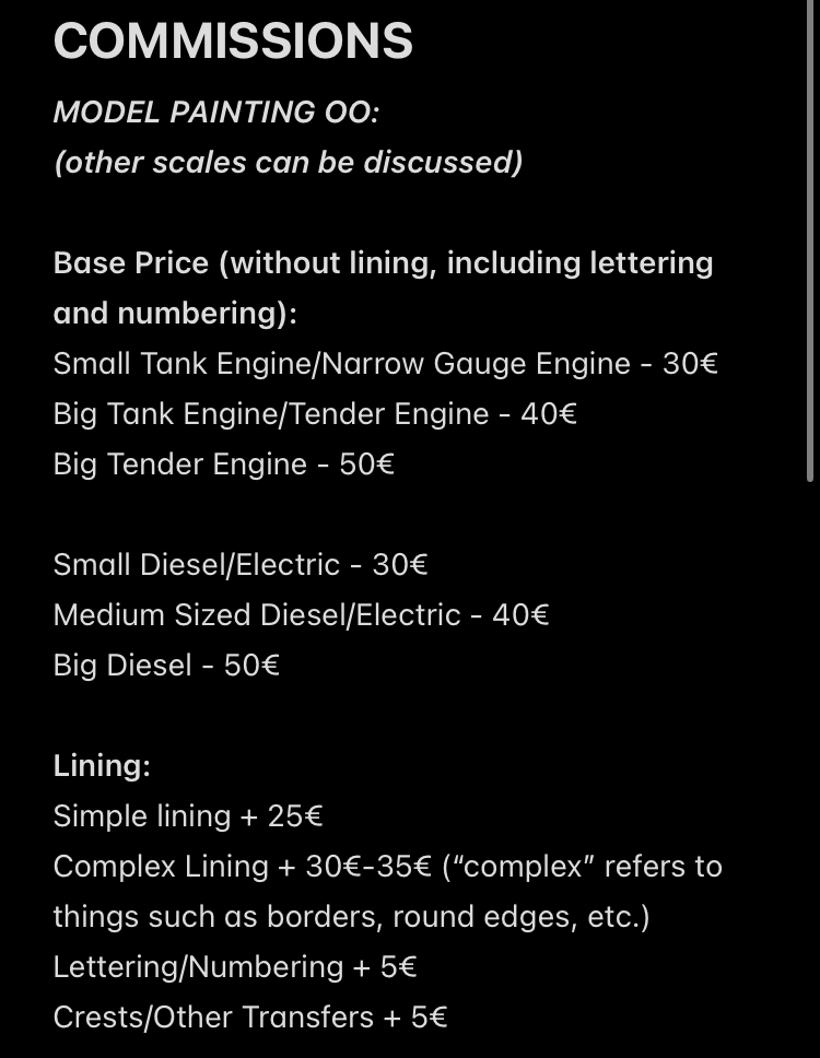 LazyTerrier's tweet image. UPDATED COMMISSION SHEET (again)
If you desire a locomotive (re-)paint and/or assembly, look no further! DMs are open for Questions

Examples of my work in Thread 🧵