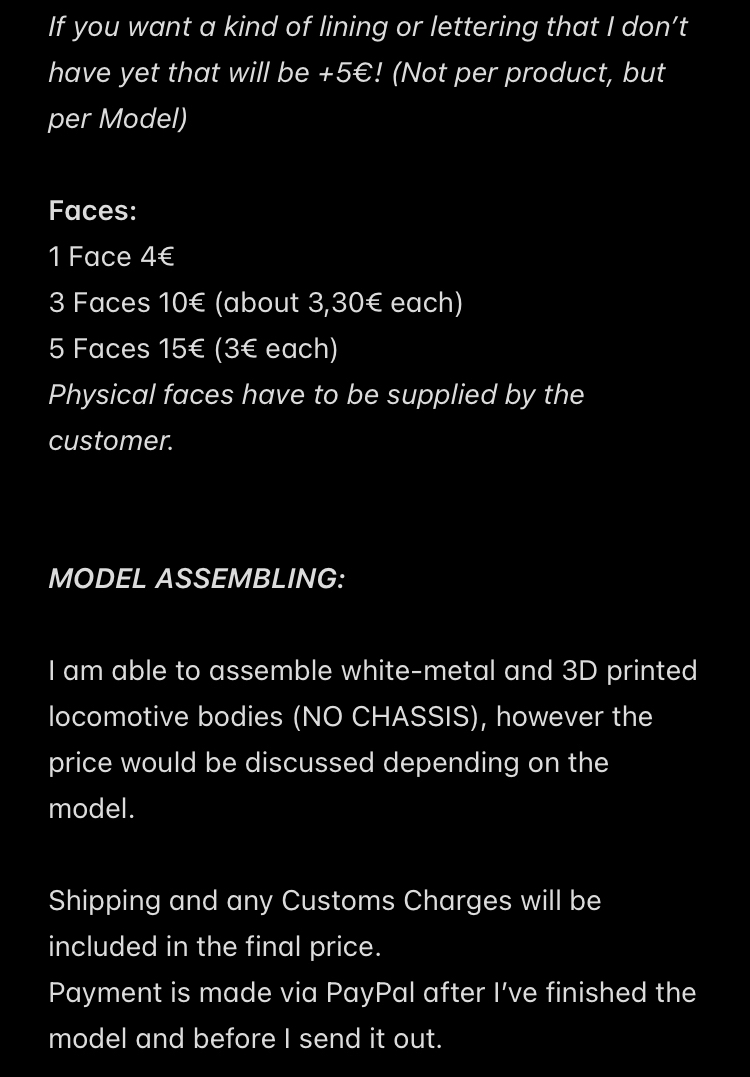 LazyTerrier's tweet image. UPDATED COMMISSION SHEET (again)
If you desire a locomotive (re-)paint and/or assembly, look no further! DMs are open for Questions

Examples of my work in Thread 🧵