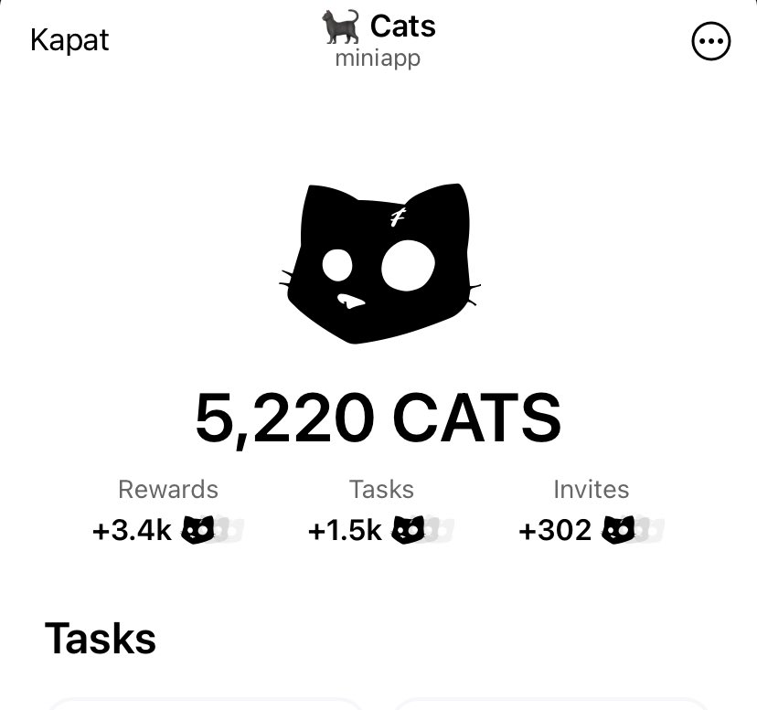 $DOGS airdrop aldık şimdi sırada $CATS var. Mantık ve arayüz birebir aynı 6m kullanıcı var şuan erkenden yerimizi alalım. Telegram yaşınıza göre puan veriyor birkaç tanede görevler var.

Linkten katılıp puanlarınıza bakabilirsiniz 

👉 t.me/catsgang_bot/j…