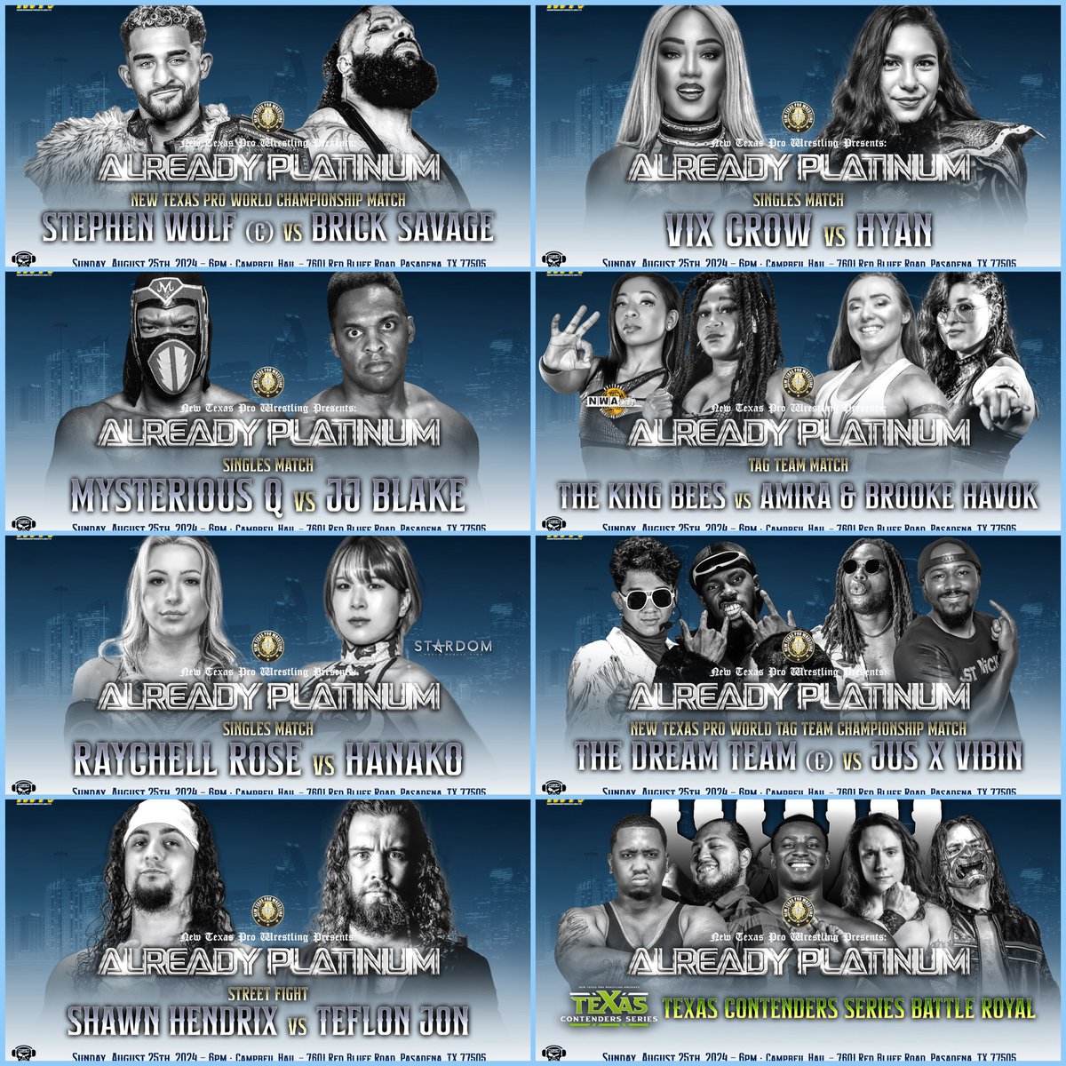 NewTexasPW's tweet image. ❗️NEXT SUNDAY❗️

We’ve got another STACKED show live from the Campbell Hall in Pasadena!! 

Wolf/Brick
HYAN/Vix Crow
Q/Blake
King Bees/Havok &amp;amp; Amira
Rose/Hanako 
Dream Team/Jus X Vibin 
Pasadena Street Fight 
TCS Battle Royal 

#AlreadyPlatinumTX • 8/25 • 6PM
Campbell Hall •…