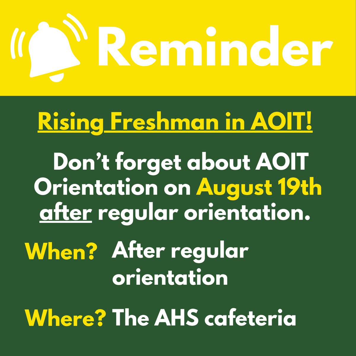 Rising Freshman in AOIT, don't forget about your AOIT orientation right after regular orientation on August 19th! Go directly to the cafeteria after regular orientation concludes. <a href="/ApexHighSchool/">Apex High School</a>