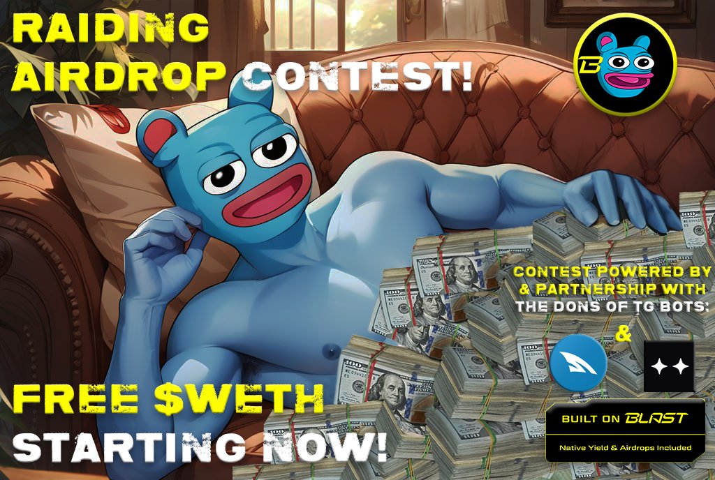 BRETT On BLAST L2 | BRETTONBLAST.IO (@brettonblastl2) on Twitter photo πΈ WHO WANTS FREE $WETH ? Join our RAIDING AIRDROP CONTEST LIVE RIGHT NOW AT t.me/brettonblast TO JOIN THE CONTEST FOR YOUR CHANCE TO WIN! <a href="/BrettOnBlastL2/">BRETT On BLAST L2 | BRETTONBLAST.IO</a> is taking off with multiple marketing! Contest powered by the DONS of TG BOTS @BullShark_3 <a href="/RaidSharks/">RaidSharks</a> <a href="/flooz_xyz/">Flooz.xyz</a> πΈ WHO WANTS FREE $WETH ? Join our RAIDING AIRDROP CONTEST LIVE RIGHT NOW AT t.me/brettonblast TO JOIN THE CONTEST FOR YOUR CHANCE TO WIN! <a href="/BrettOnBlastL2/">BRETT On BLAST L2 | BRETTONBLAST.IO</a> is taking off with multiple marketing! Contest powered by the DONS of TG BOTS @BullShark_3 <a href="/RaidSharks/">RaidSharks</a> <a href="/flooz_xyz/">Flooz.xyz</a>